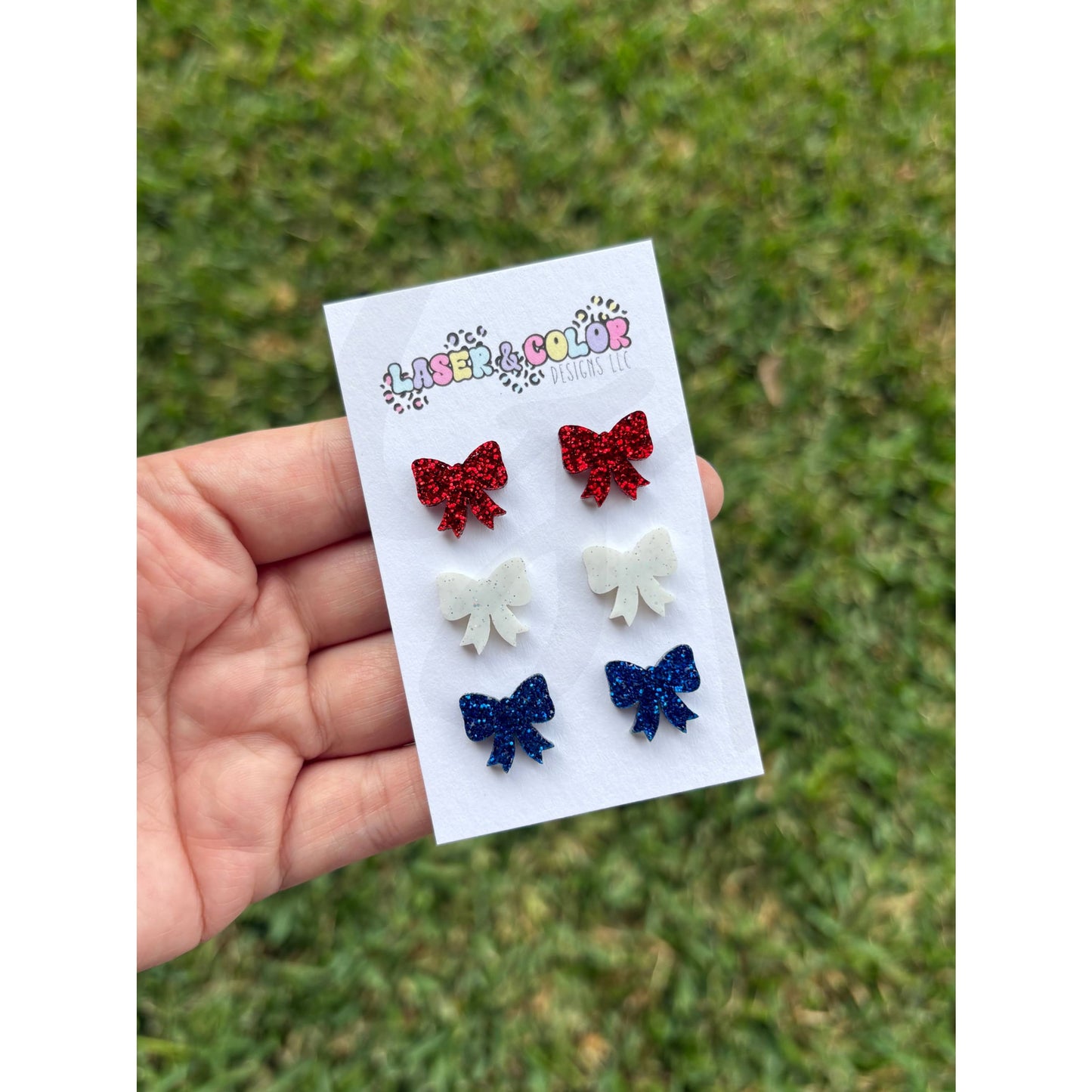 4th of July Glitter Bow Earrings USA Earrings - Apparel &