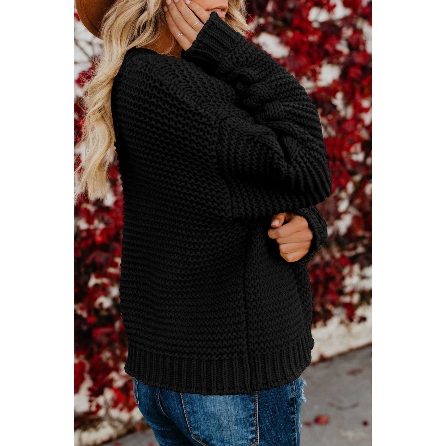 Black Open Front Chunky Knit Cardigan - Apparel &
