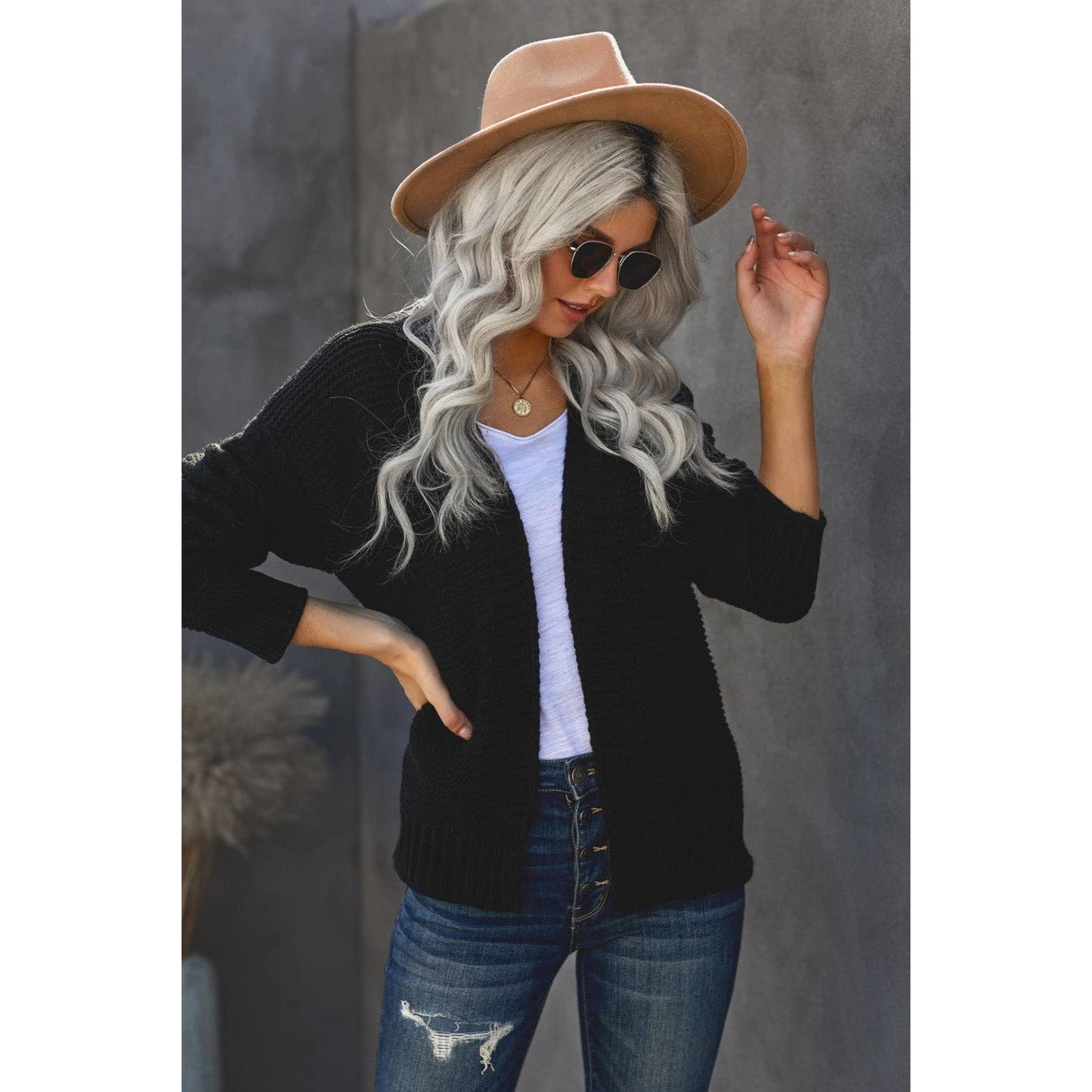 Black Open Front Chunky Knit Cardigan - Apparel &