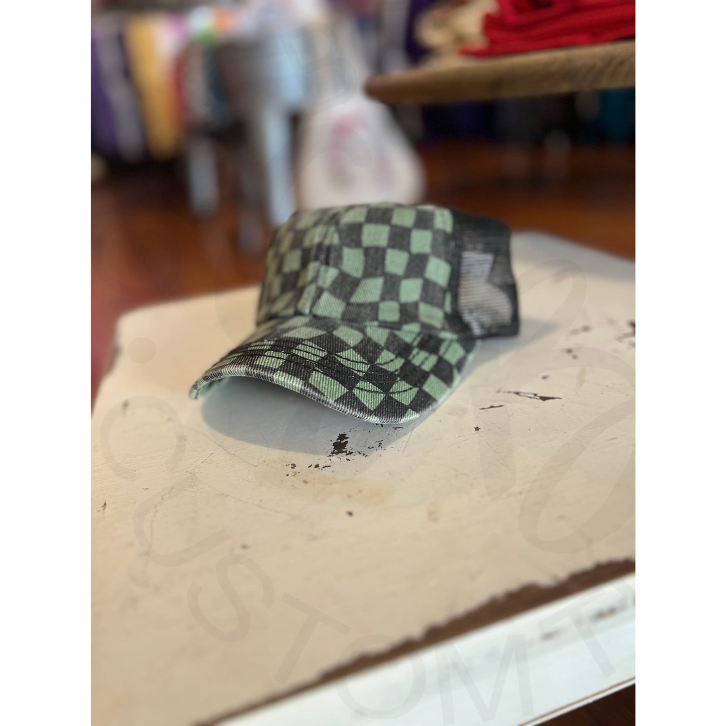 Checkered Pattern Criss Cross Hat - Olive