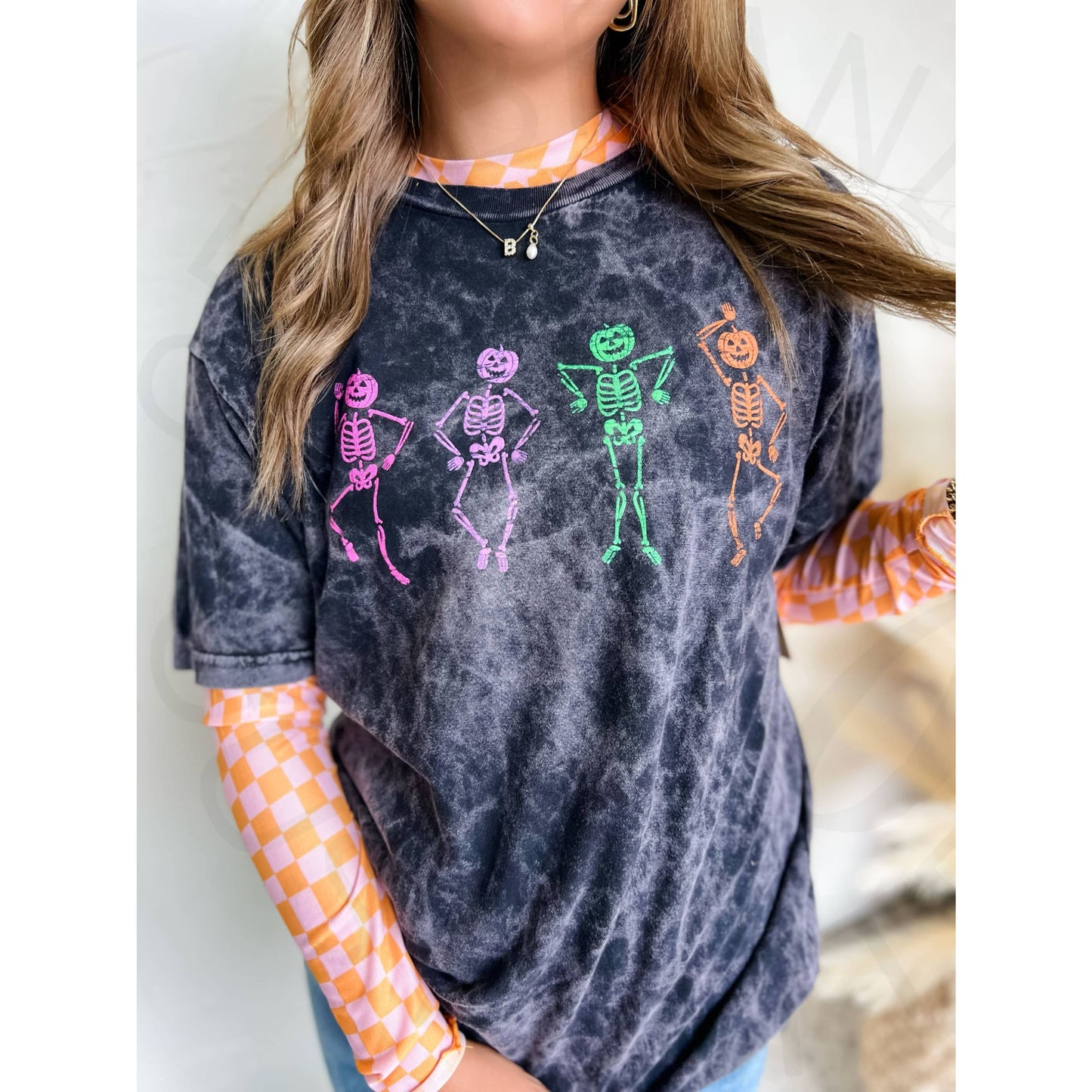 Dancing Skeletons Acid Wash Tee - Apparel & Accessories