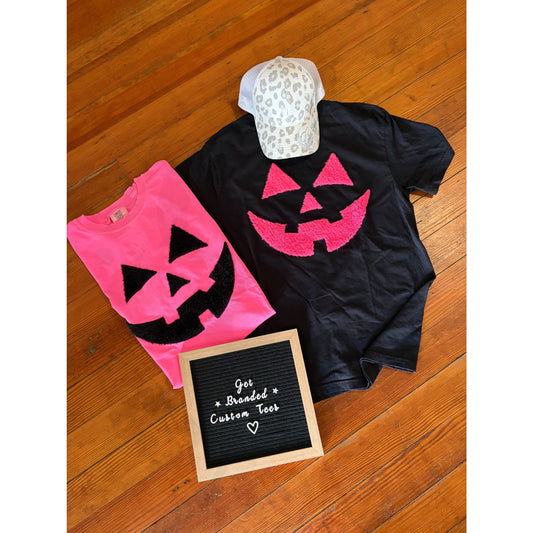 Jack O Lantern Pink/Black Fluffy Patch Tee