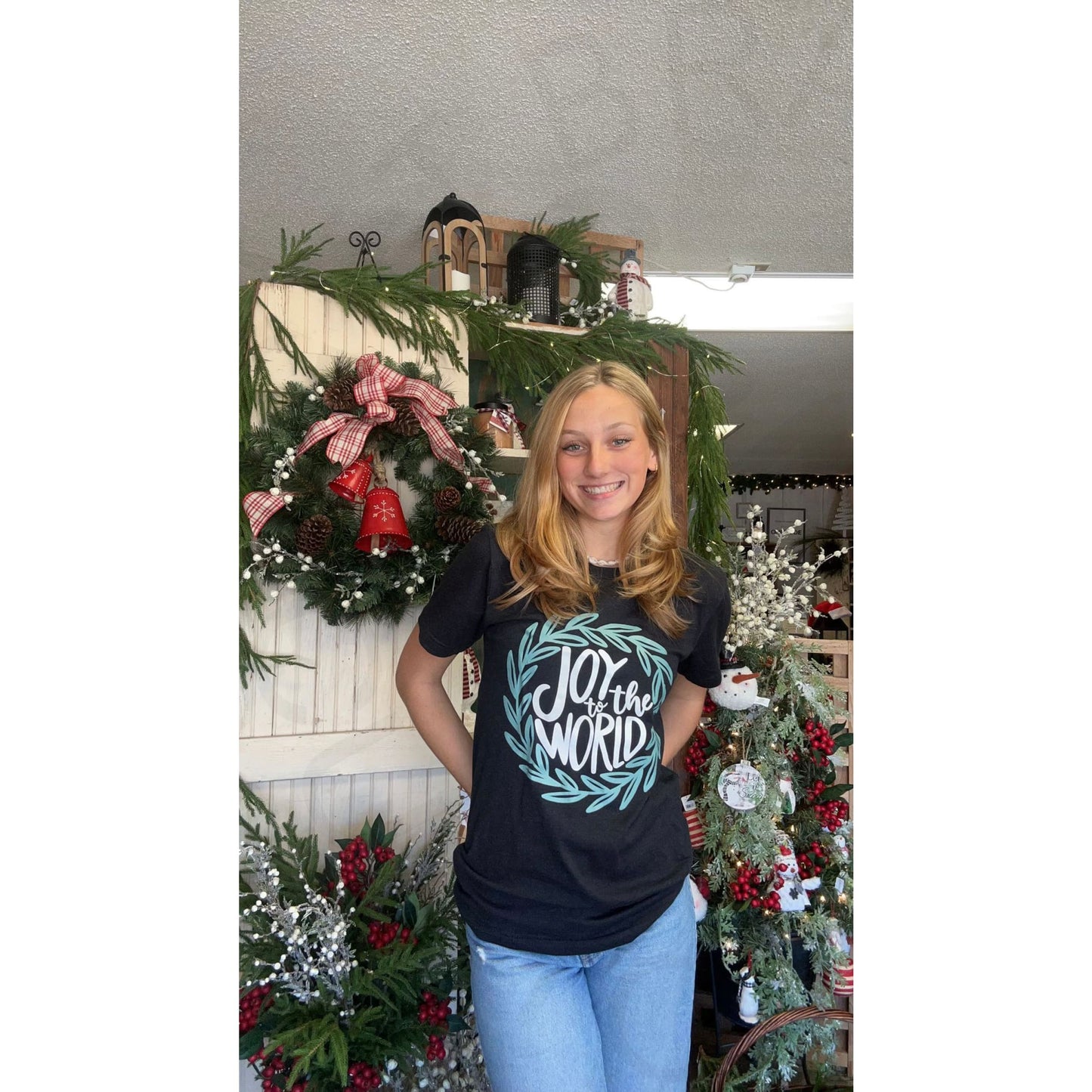 Joy to The World Wreath Long or Short Sleeved Tee - Apparel