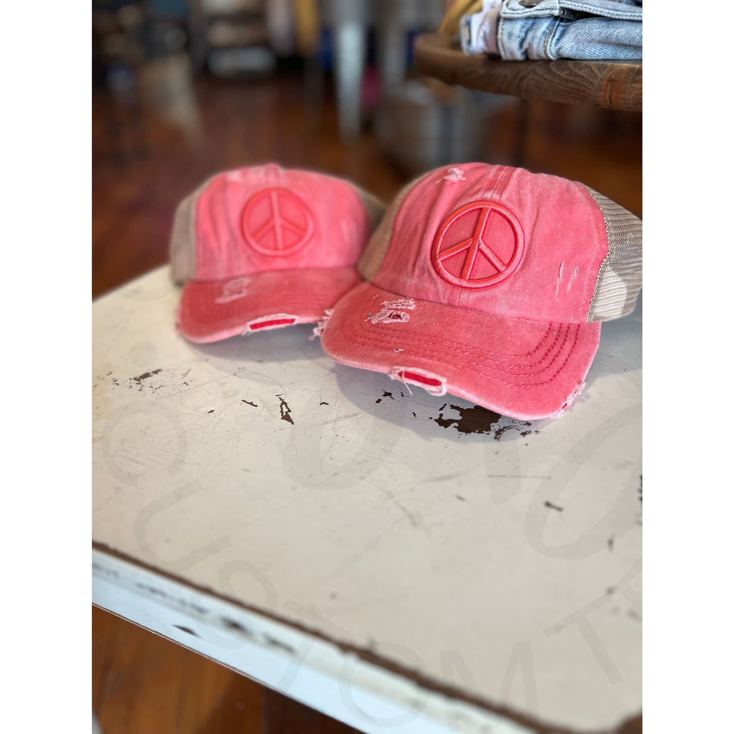 Peace Sign Criss Cross Hat - Coral