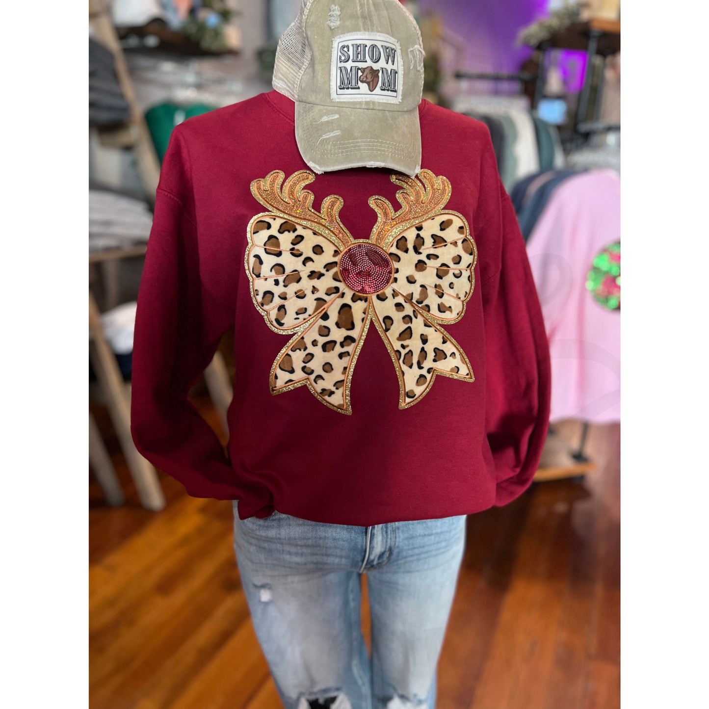 Reindeer Leopard Print Bow Patch Sweatshirt