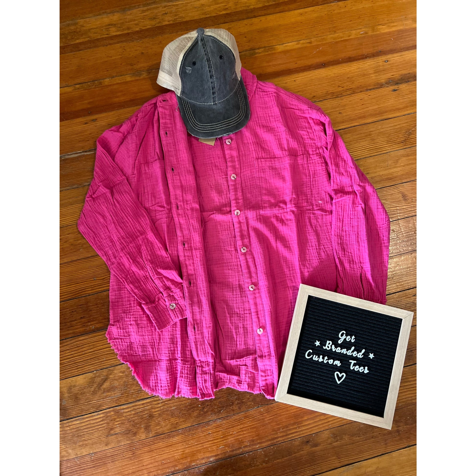 Soft Washed Crinkled Gauze Button Down Shirts - Fuchsia / S