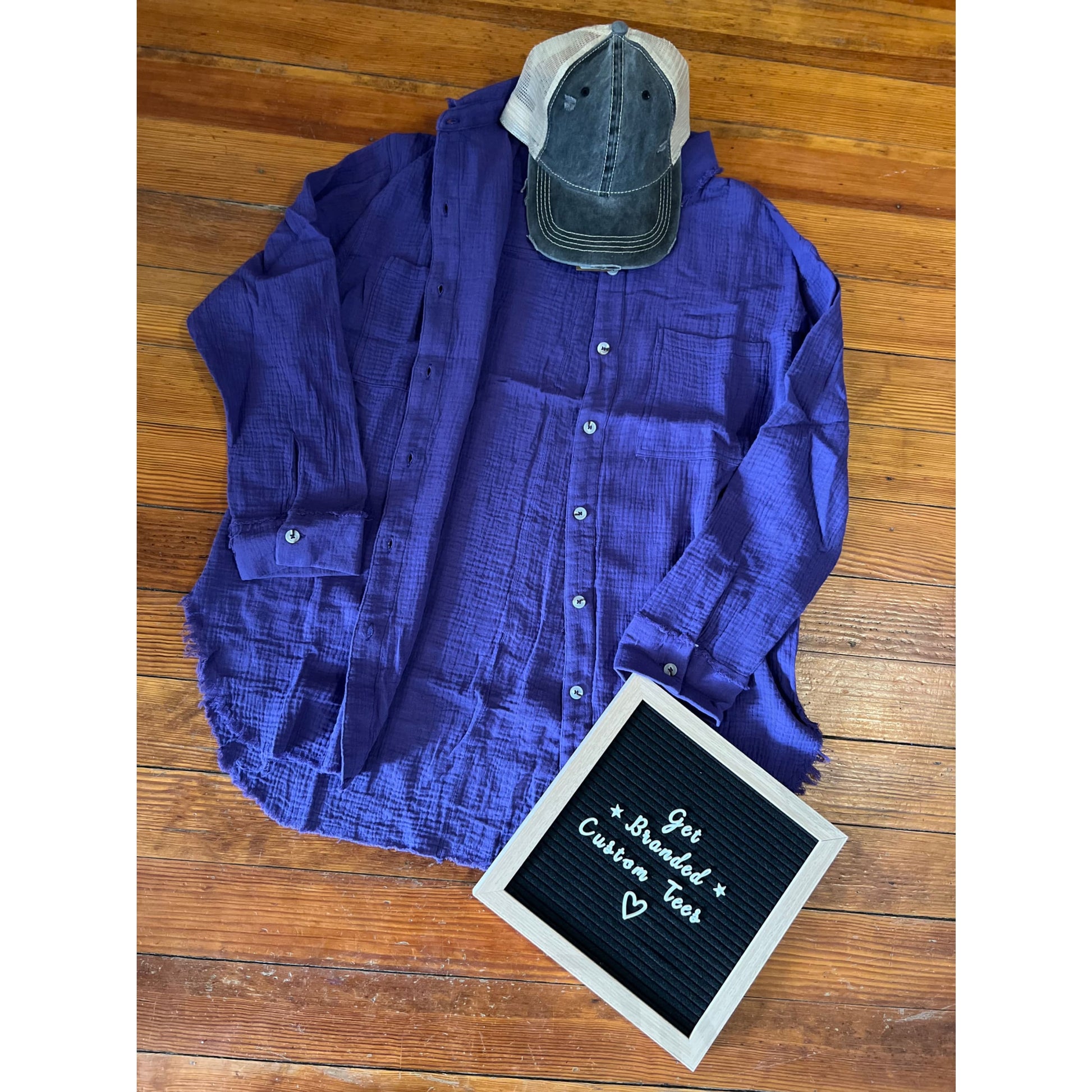 Soft Washed Crinkled Gauze Button Down Shirts - Purple / S