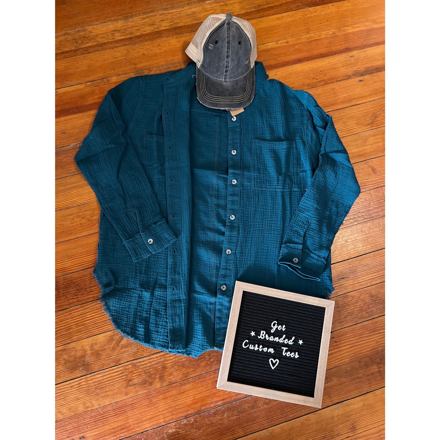 Soft Washed Crinkled Gauze Button Down Shirts - Teal Green