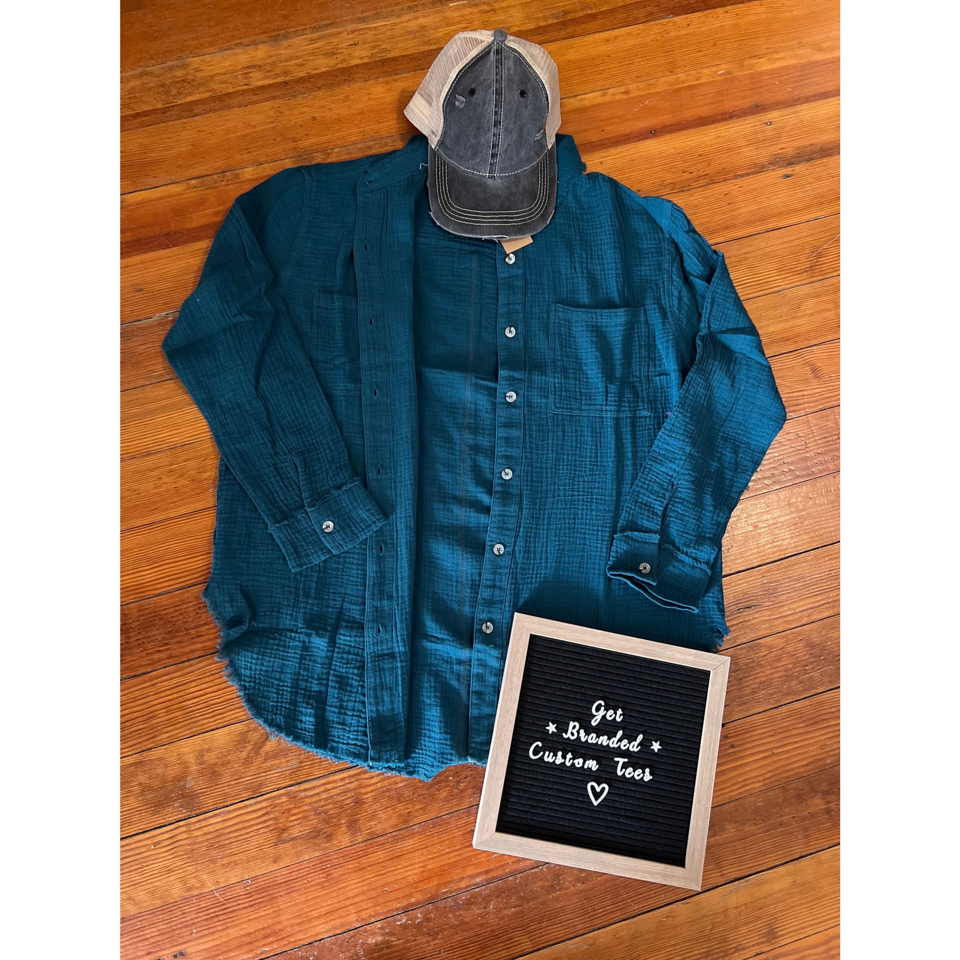 Soft Washed Crinkled Gauze Button Down Shirts - Teal Green