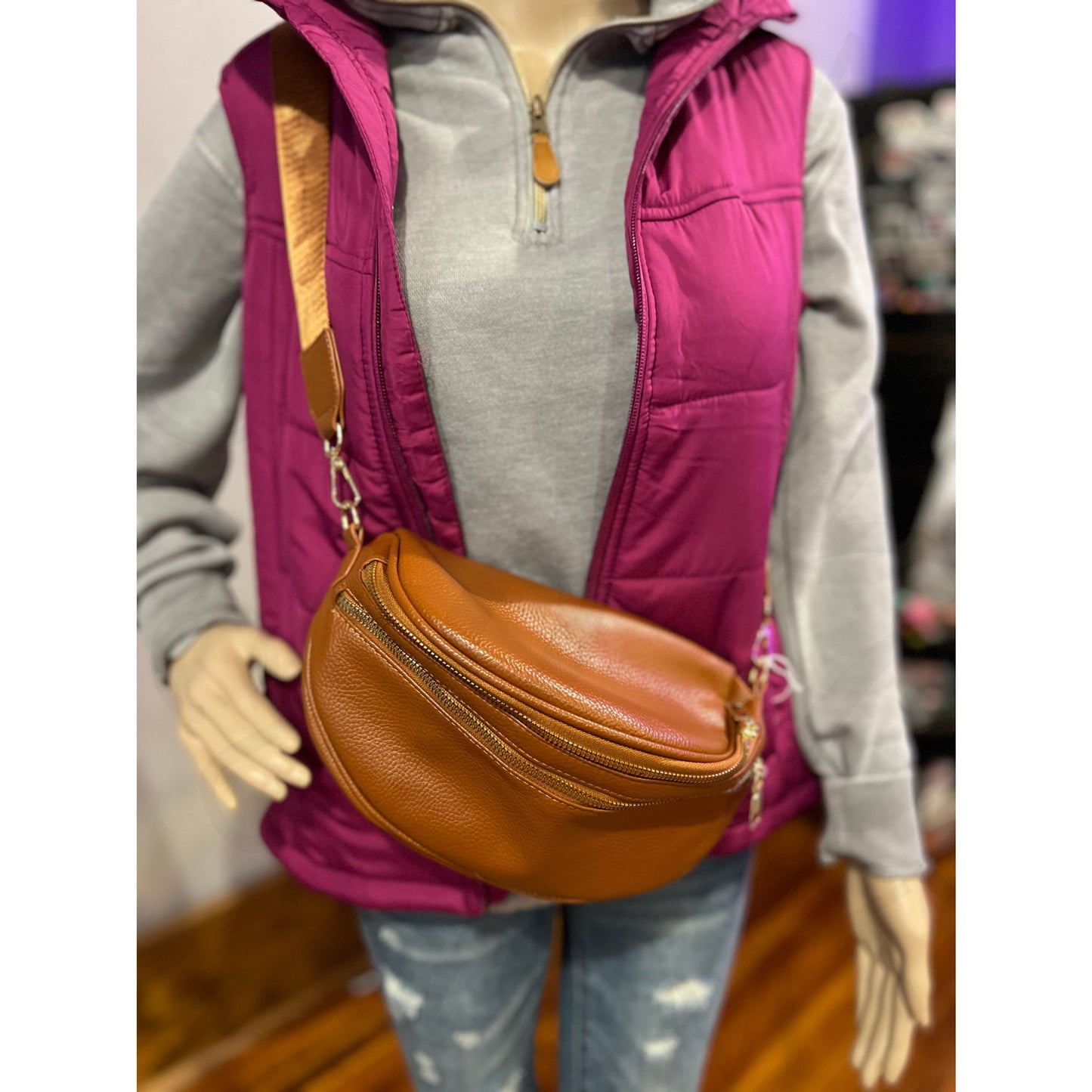 Triple Zipper Faux Leather Belt/Shoulder Bag - Purse