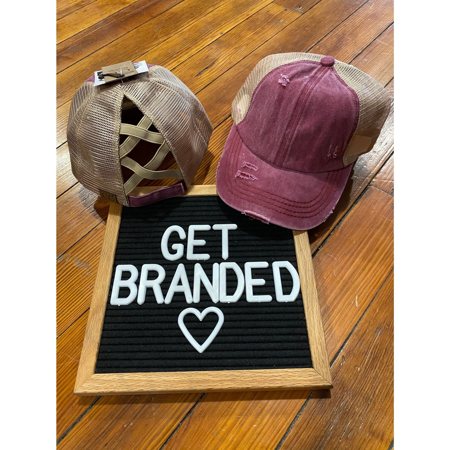 Washed Denim Criss Cross High Pony CC Ball Cap - Berry/Beige