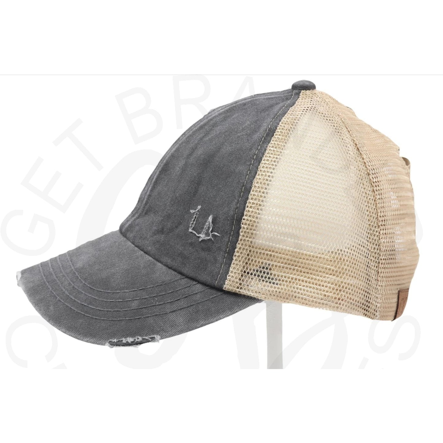 Washed Denim Criss Cross High Pony CC Ball Cap - Black/Beige