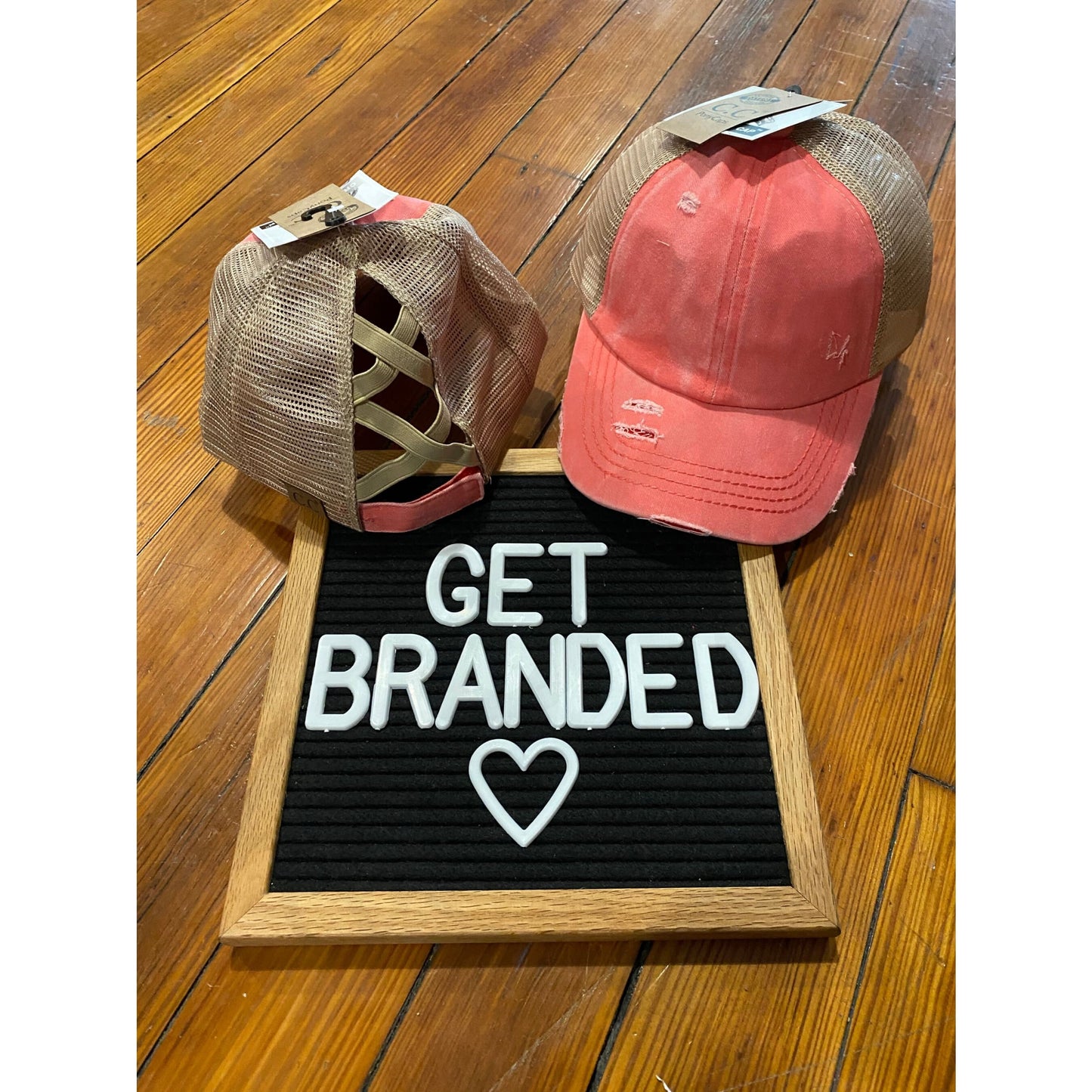 Washed Denim Criss Cross High Pony CC Ball Cap - Coral/Beige