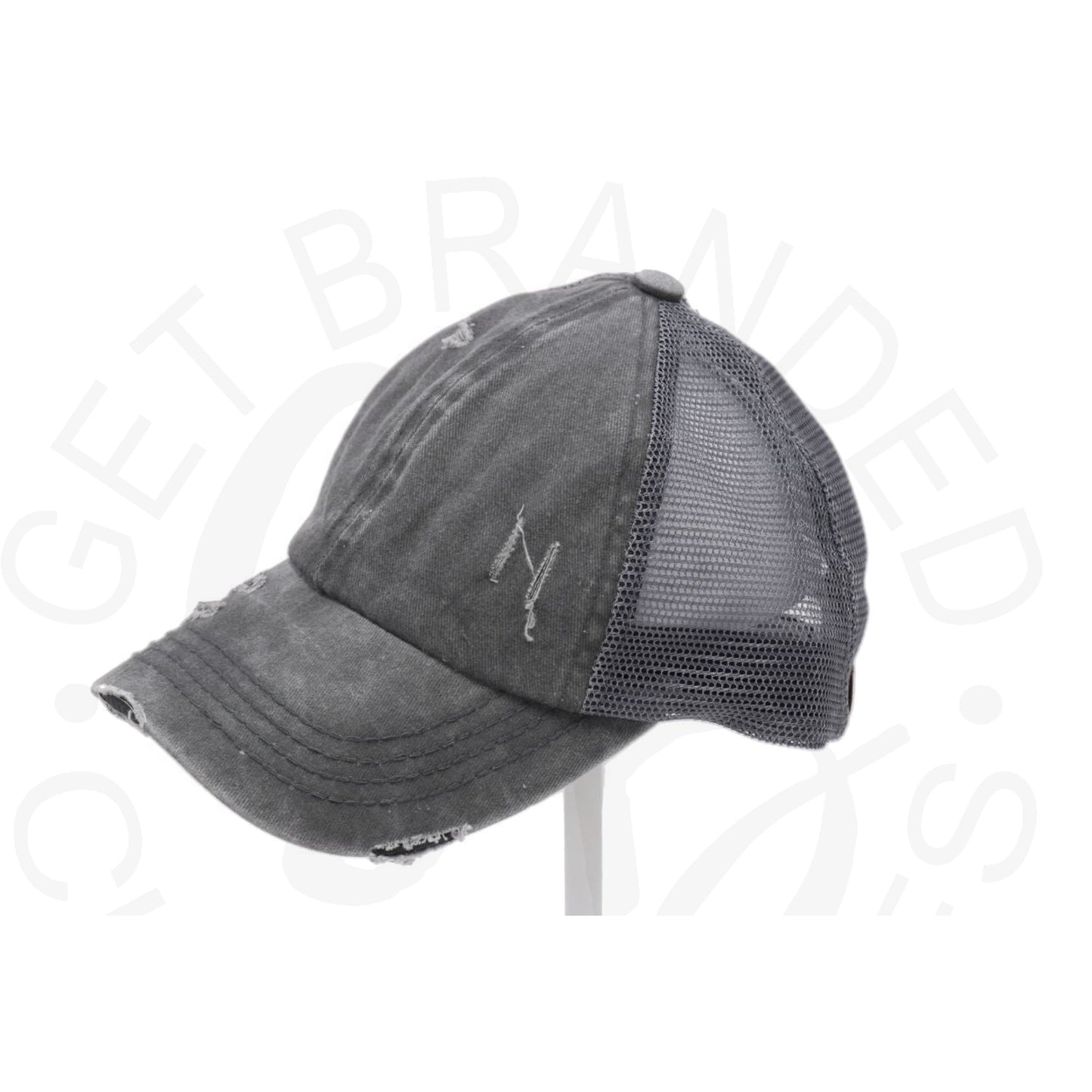 Washed Denim Criss Cross High Pony CC Ball Cap - Grey with