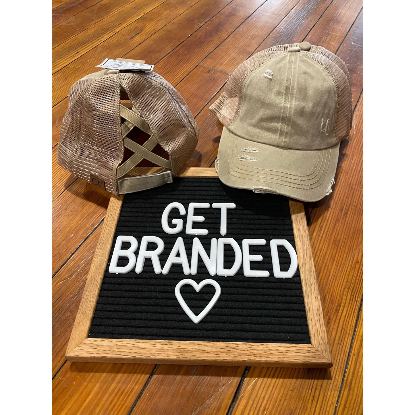 Washed Denim Criss Cross High Pony CC Ball Cap - Khaki/Beige