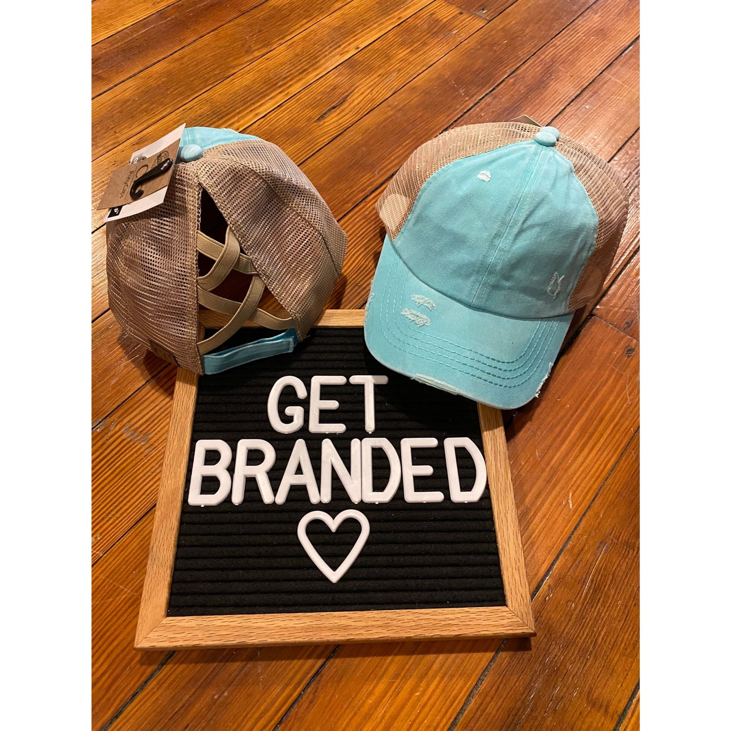 Washed Denim Criss Cross High Pony CC Ball Cap - Mint/Beige