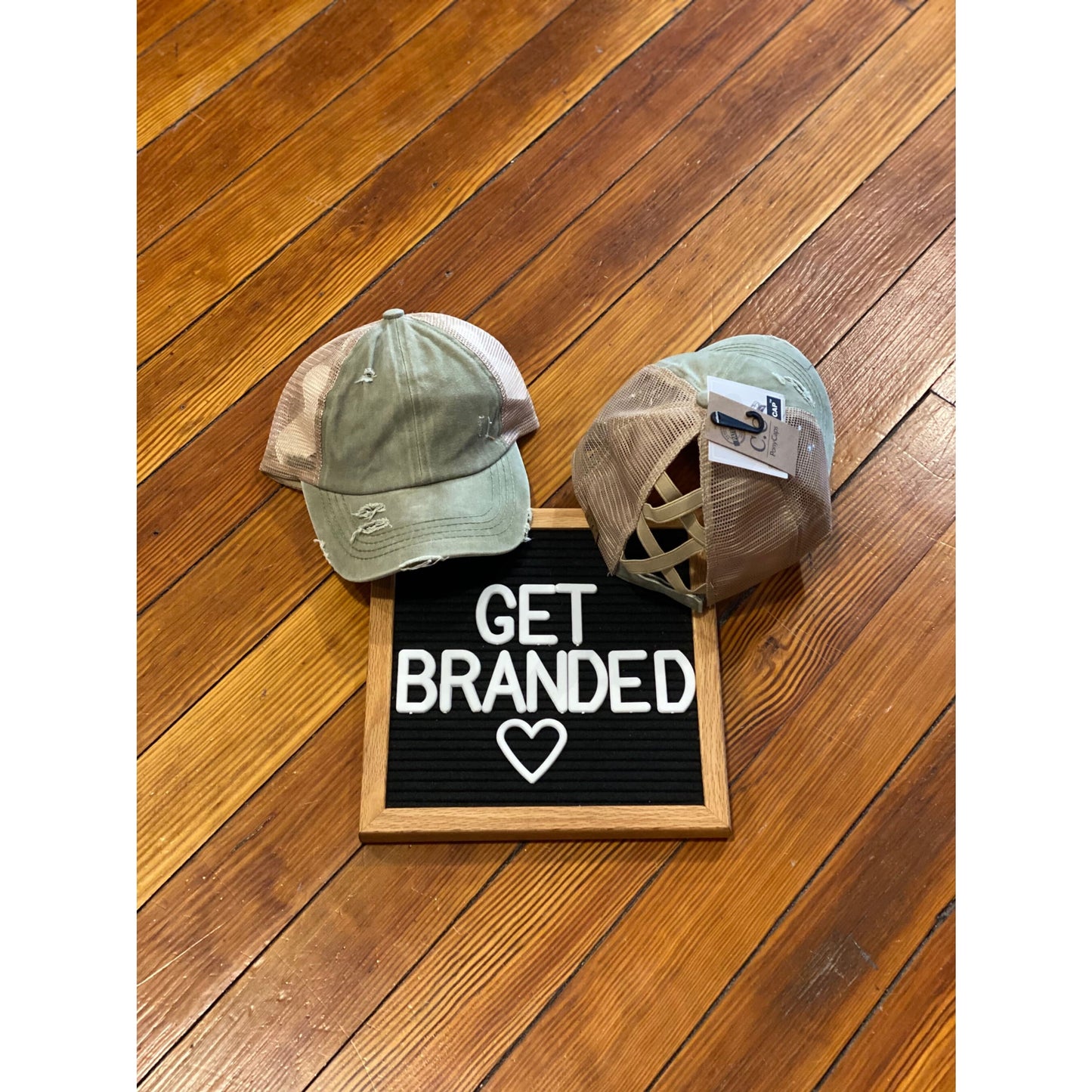 Washed Denim Criss Cross High Pony CC Ball Cap - Olive/Beige