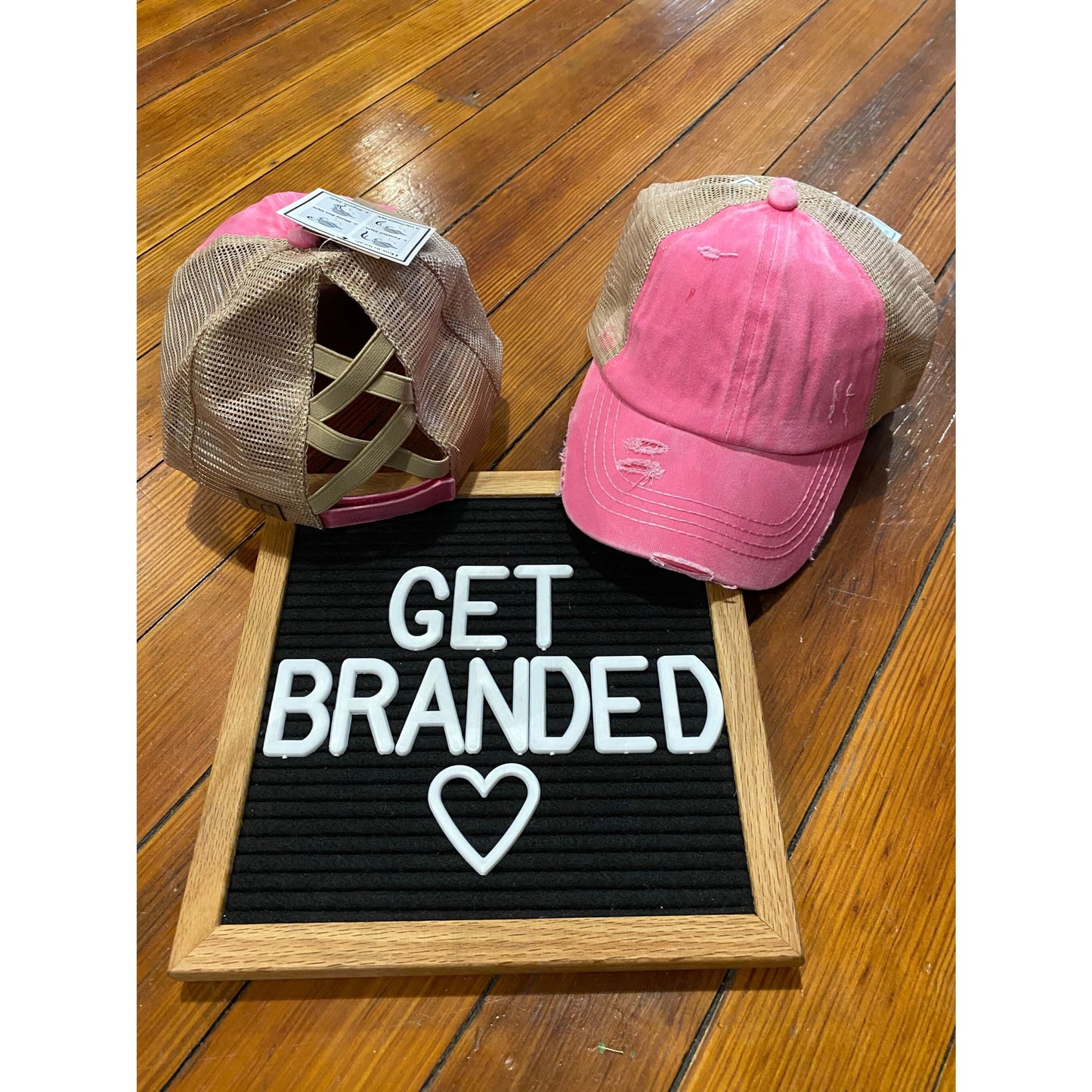 Washed Denim Criss Cross High Pony CC Ball Cap - Pink/Beige