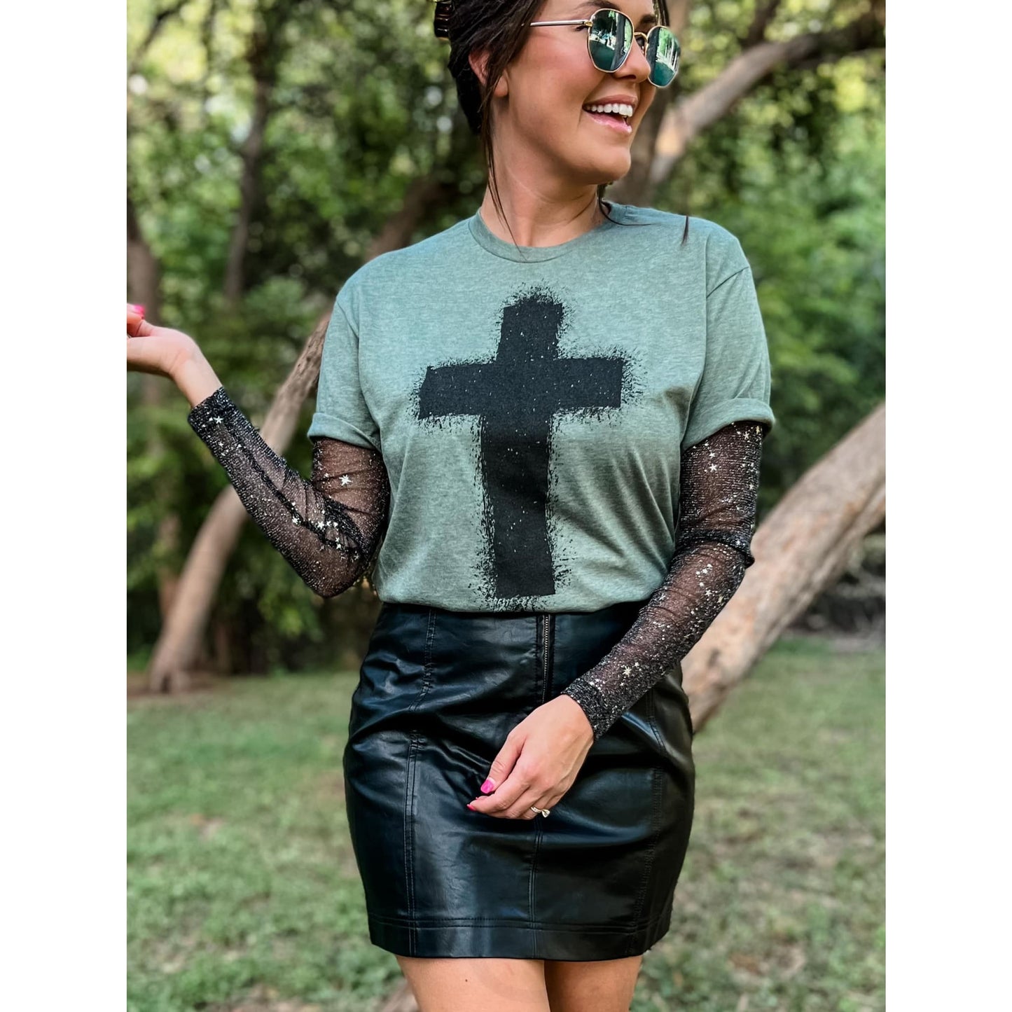 Distressed Cross Heather Olive Tee