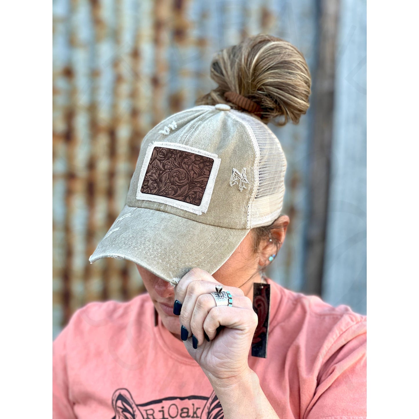 Tooled Leather Khaki Baseball Cap