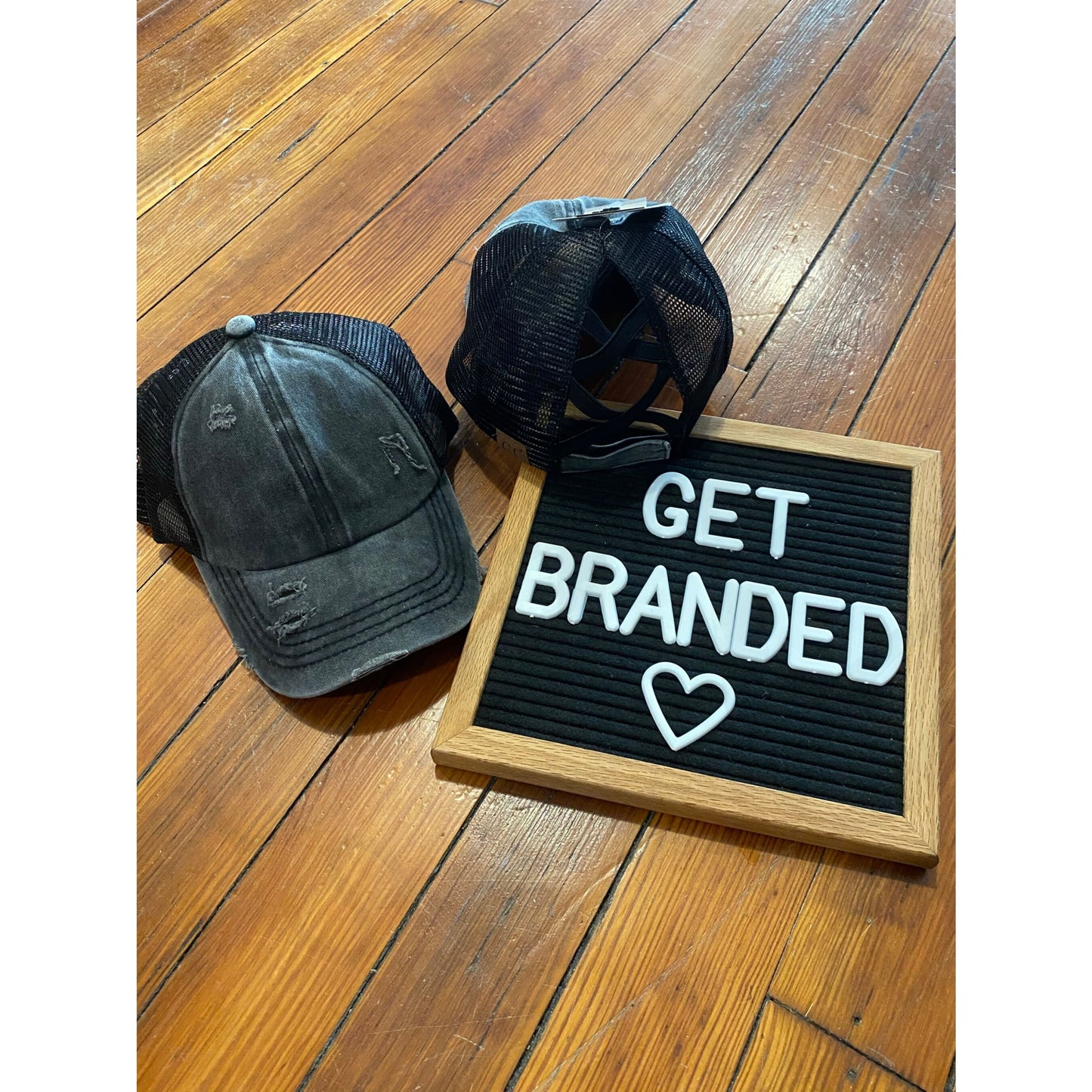 Washed Denim Criss Cross High Pony CC Ball Cap - Black -