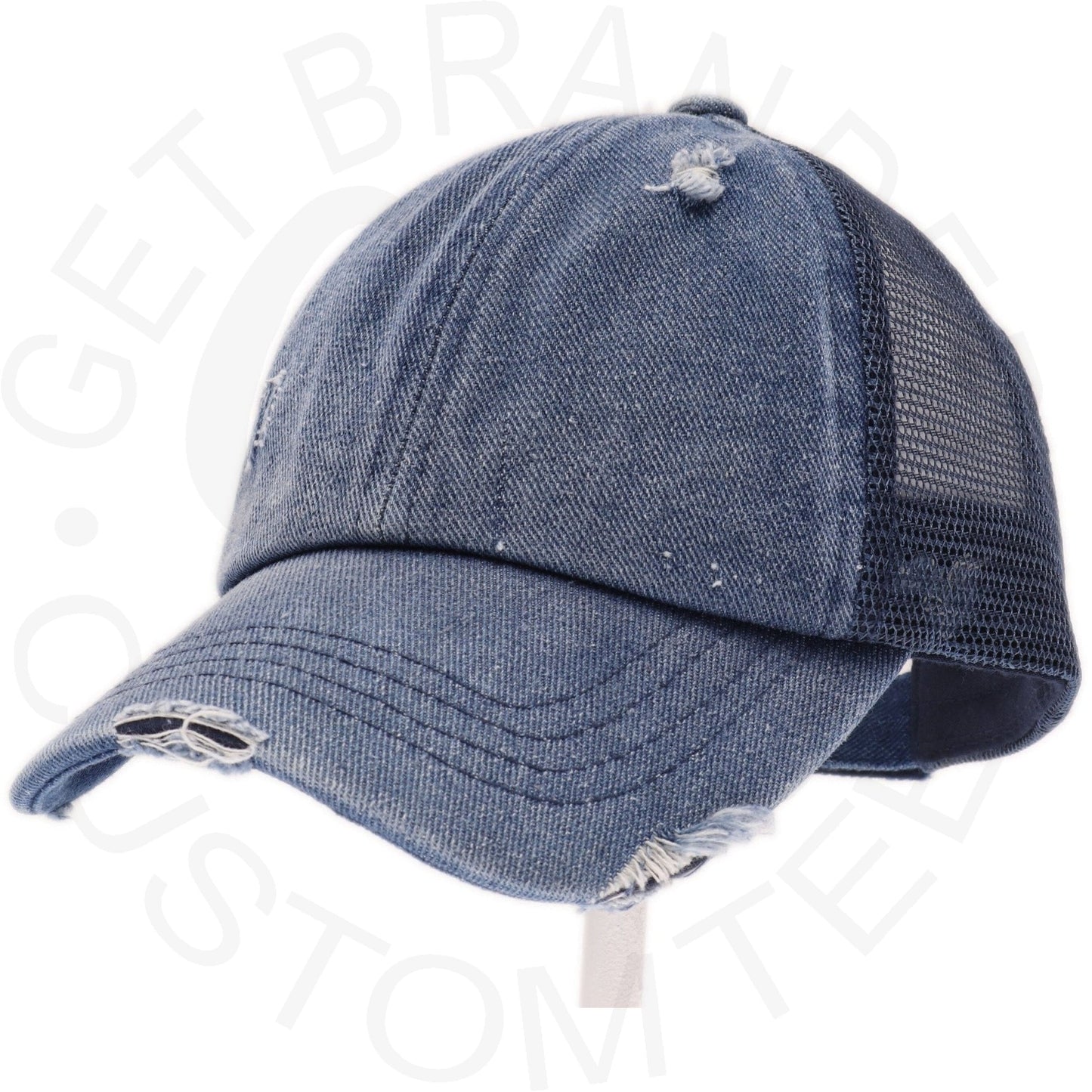 Washed Denim Criss Cross High Pony CC Ball Cap - Denim/Navy
