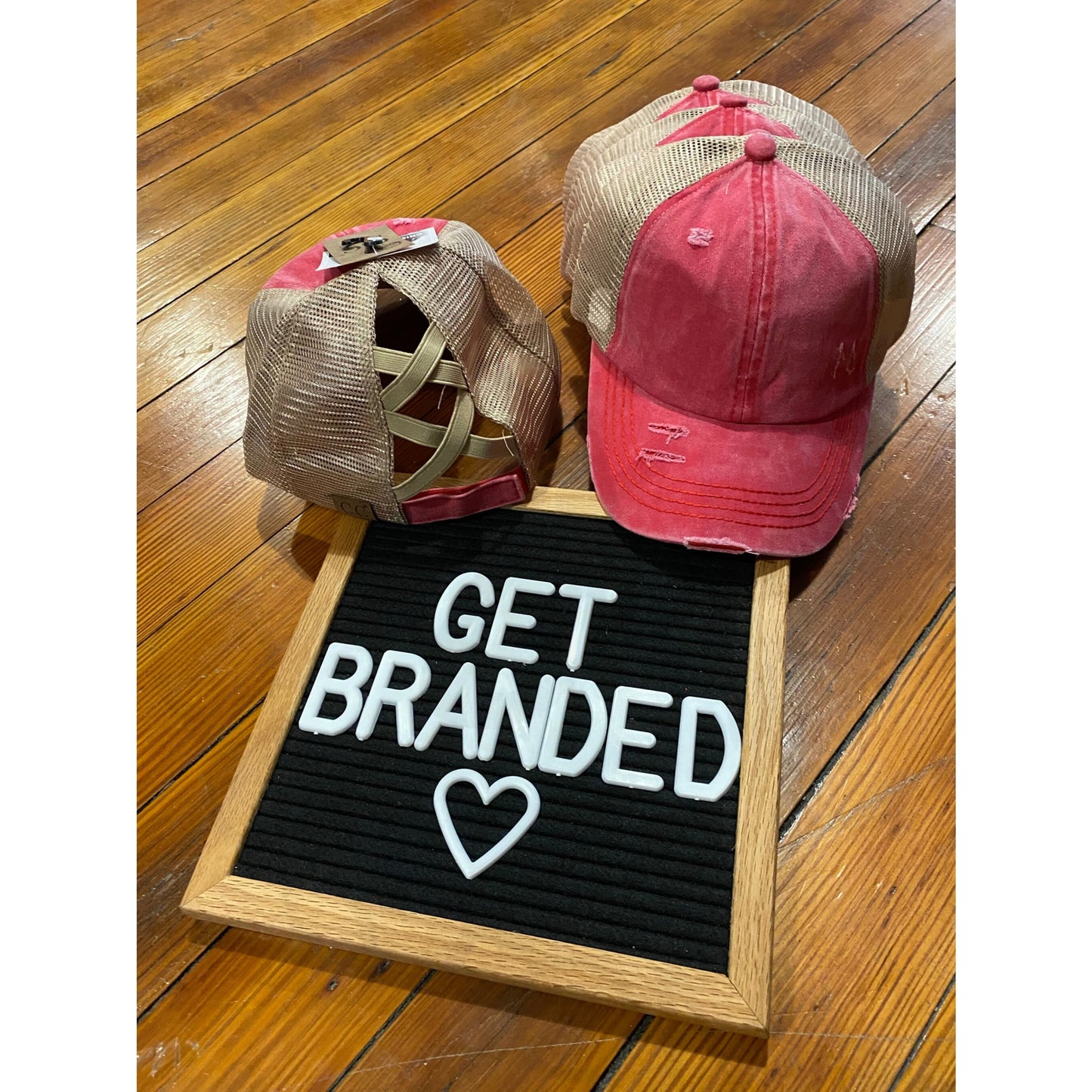 Washed Denim Criss Cross High Pony CC Ball Cap - Red/Beige