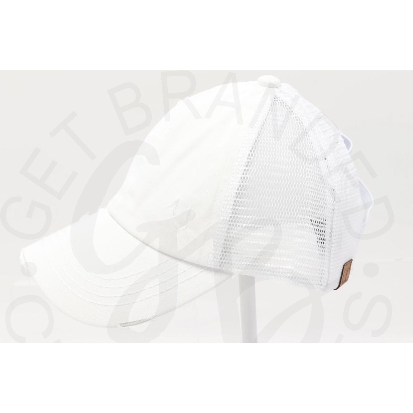 Washed Denim Criss Cross High Pony CC Ball Cap - White/White