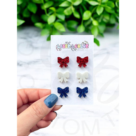 4th of July Glitter Bow Earrings USA Earrings - Apparel &