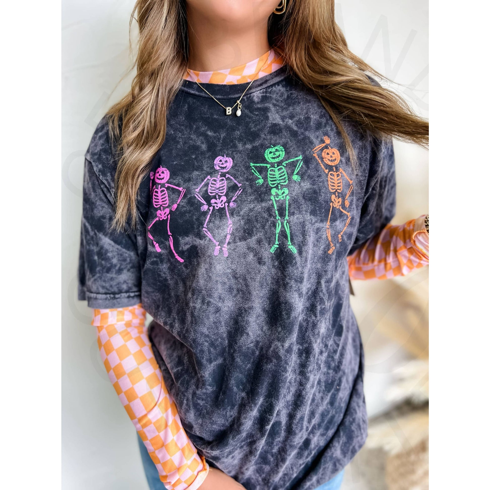 Dancing Skeletons Acid Wash Tee - Apparel & Accessories