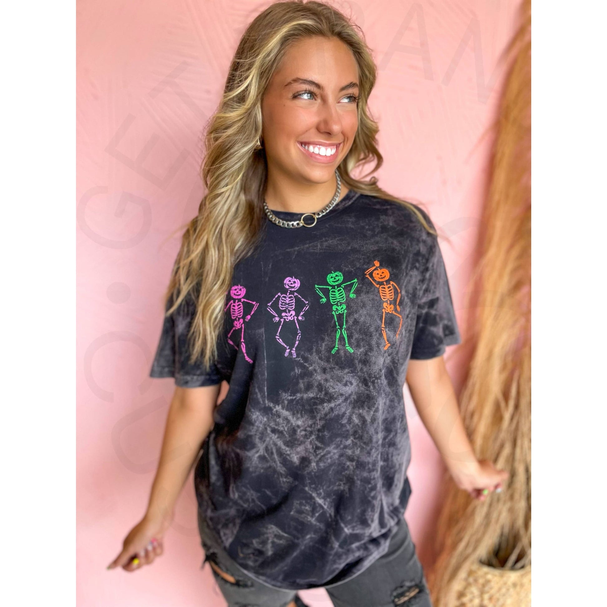 Dancing Skeletons Acid Wash Tee - Apparel & Accessories