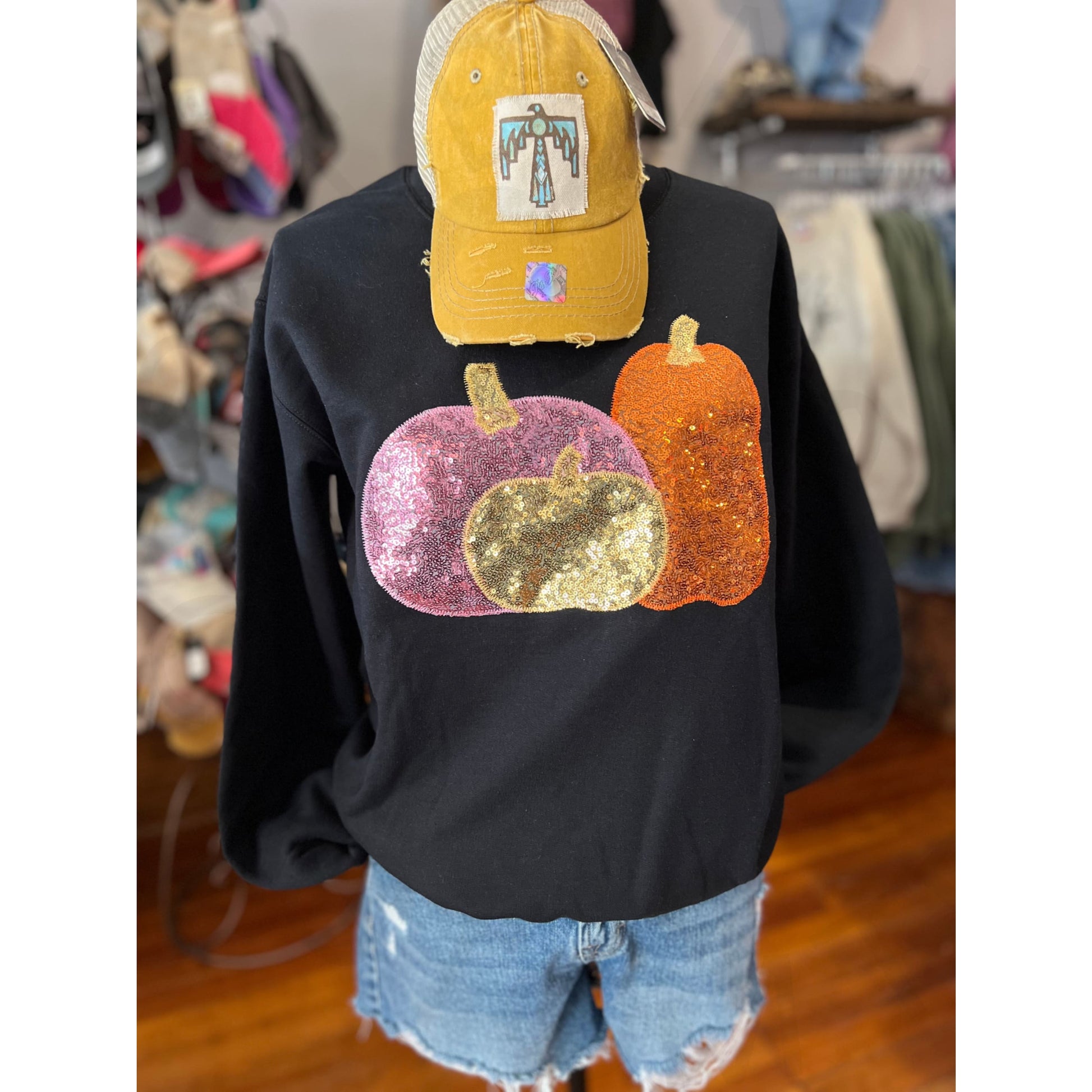 Embroidered Sequin Triple Pumpkins Crewneck Pullover