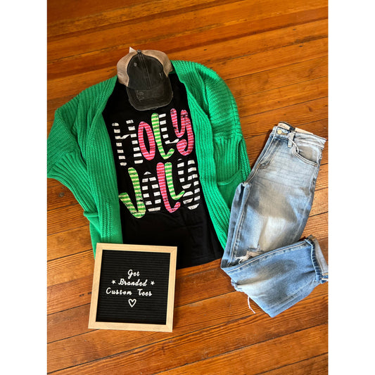 Holly Jolly Stripes Black Tee - Apparel & Accessories
