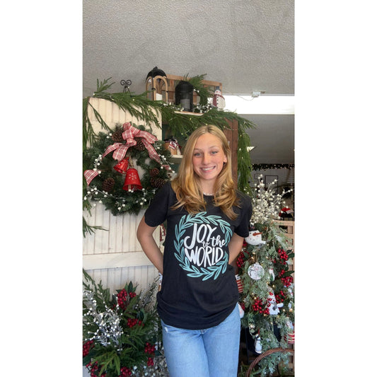 Joy to The World Wreath Long or Short Sleeved Tee - Apparel