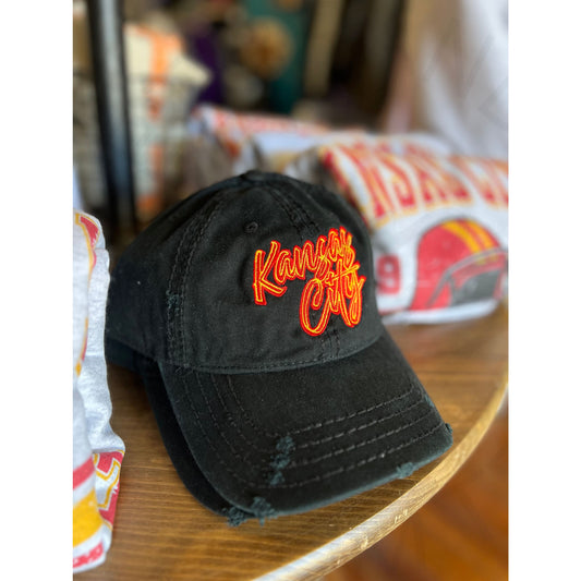 Kansas City Embroidered Black Distressed Solid Back Cap