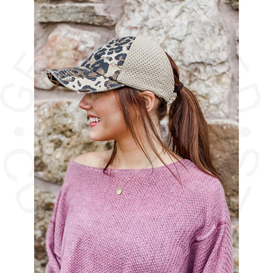 Leopard Distressed Stretch Mesh High Pony CC Beanie - 