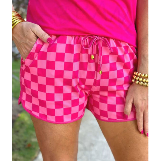 Pink Checked Out Checkered Drawstring Everyday Shorts -