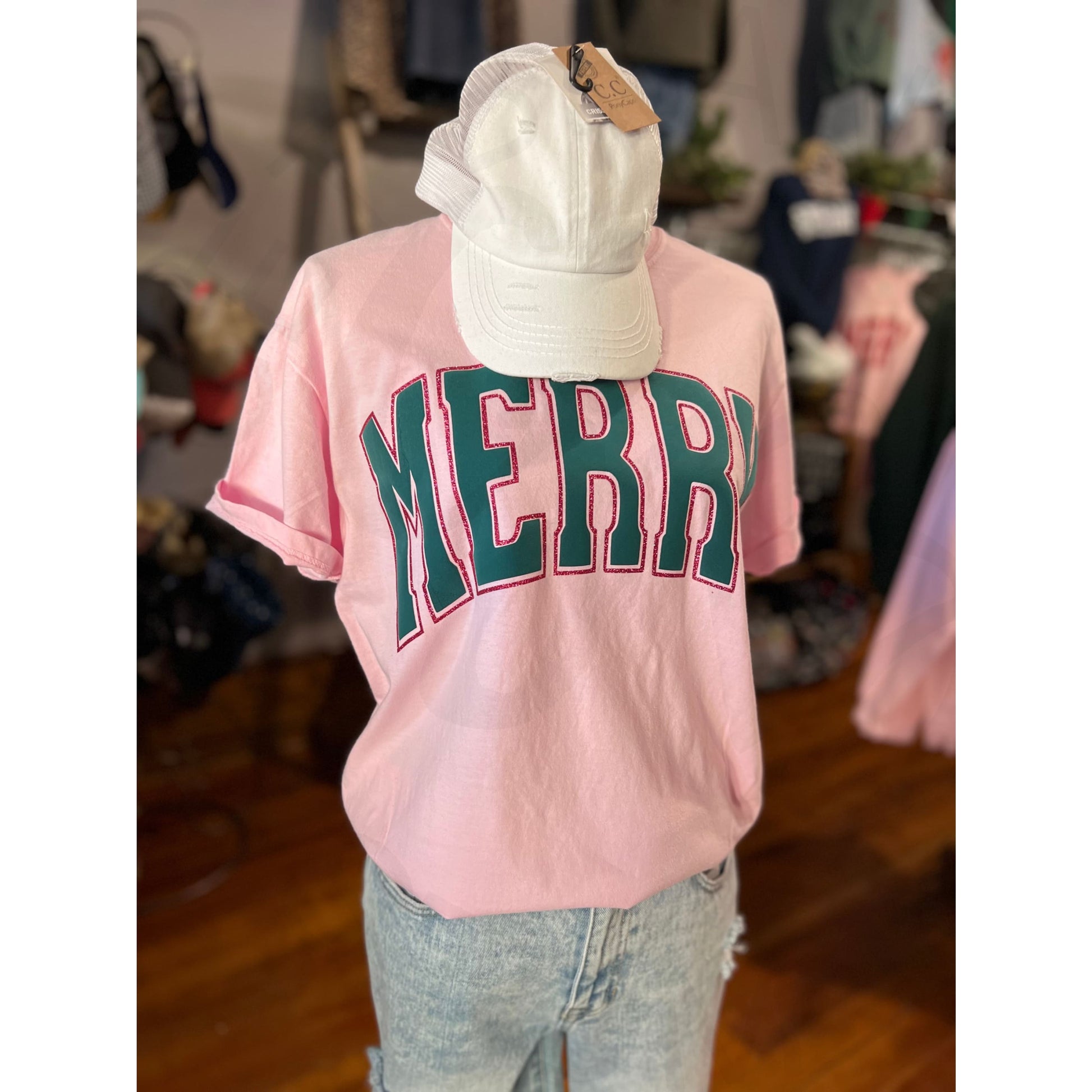 Pink Glitter Outline Merry Tee