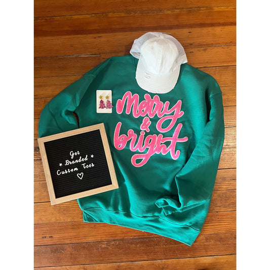 Pink & Green Merry & Bright Bella Canvas Crewneck