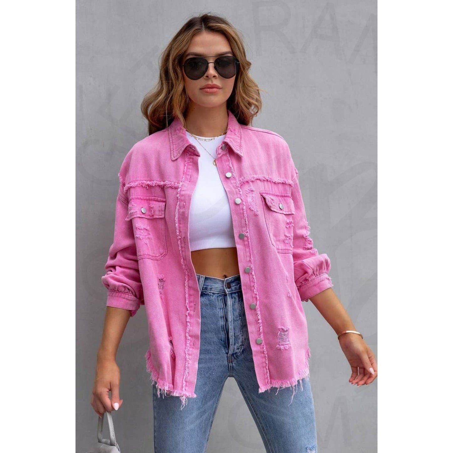 Ripped Raw Edge Denim Jacket - Pink / (S) 1 - Apparel &