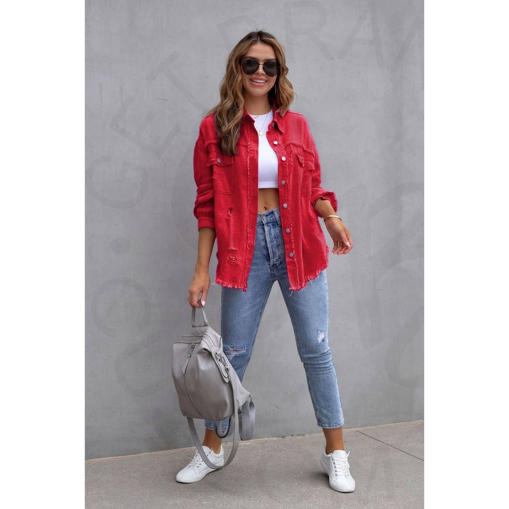 Ripped Raw Edge Denim Jacket - Red / (S) 1 - Apparel &