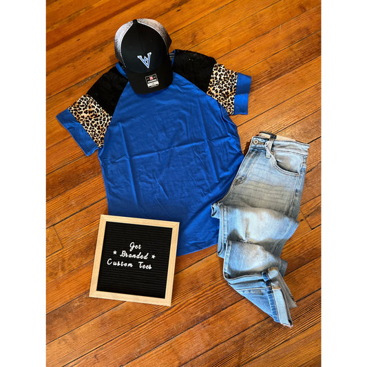 Royal Blue Leopard & Lace Sleeve Tee