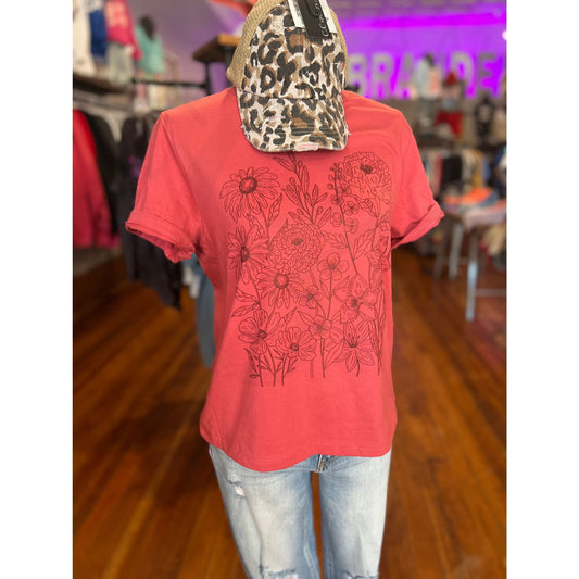 Vintage Red Boxy Crop Floral Outline Tee