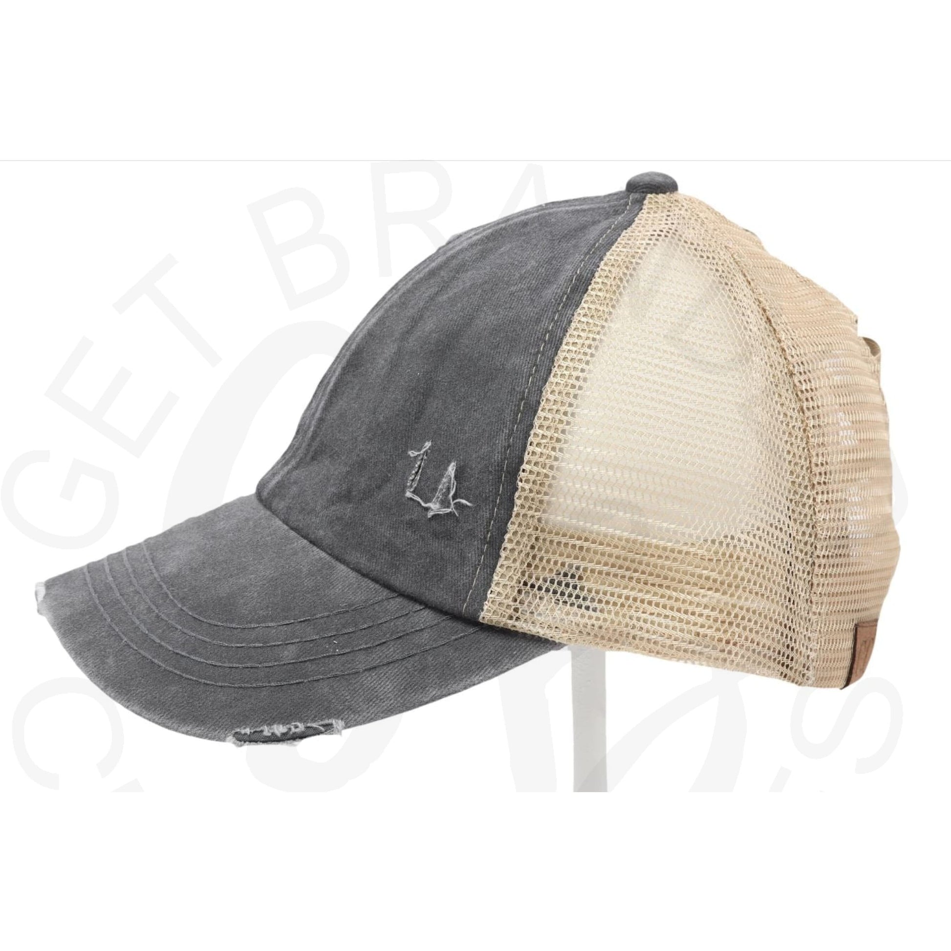 Washed Denim Criss Cross High Pony CC Ball Cap - Black/Beige