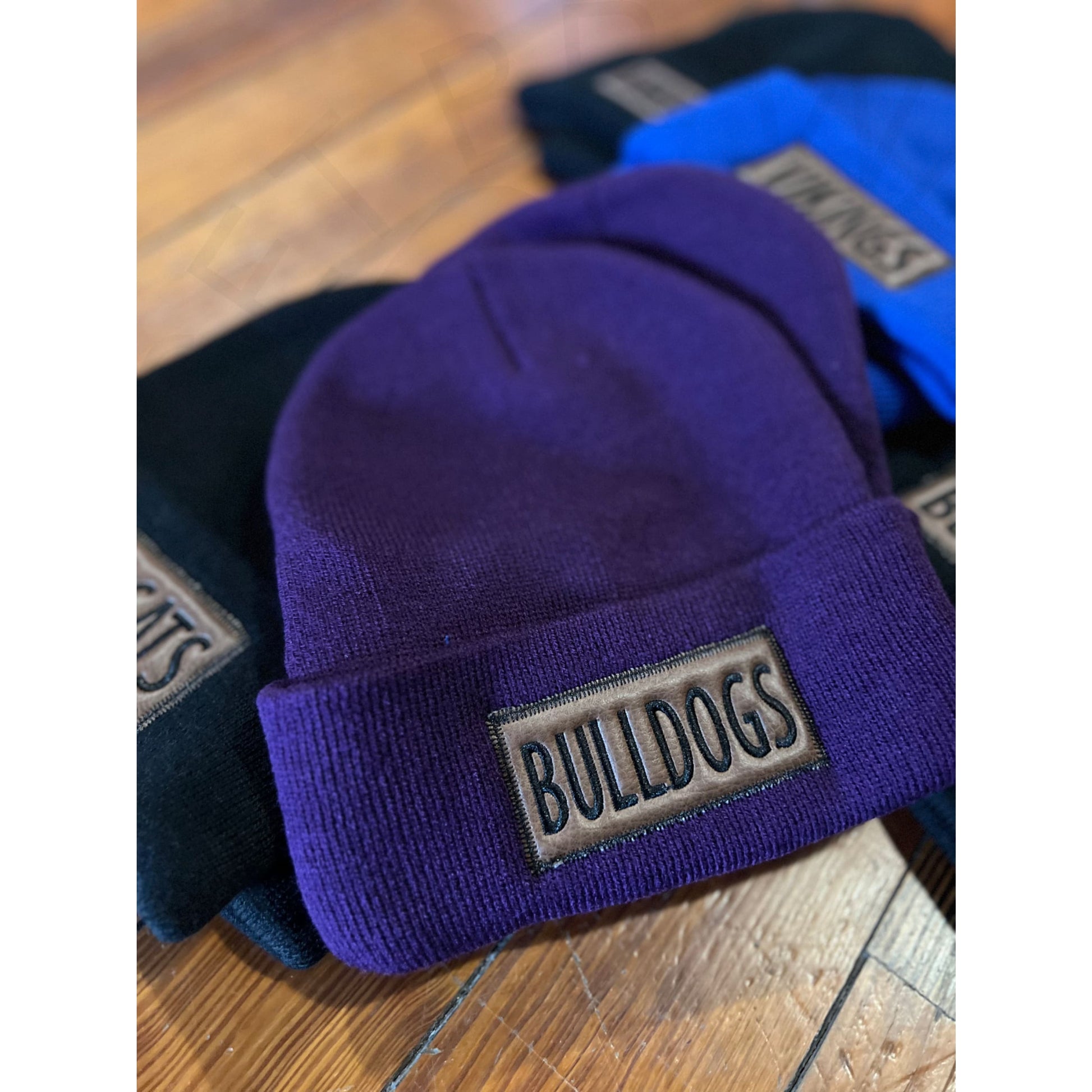 Bulldog Leather Patch Beanies - Purple