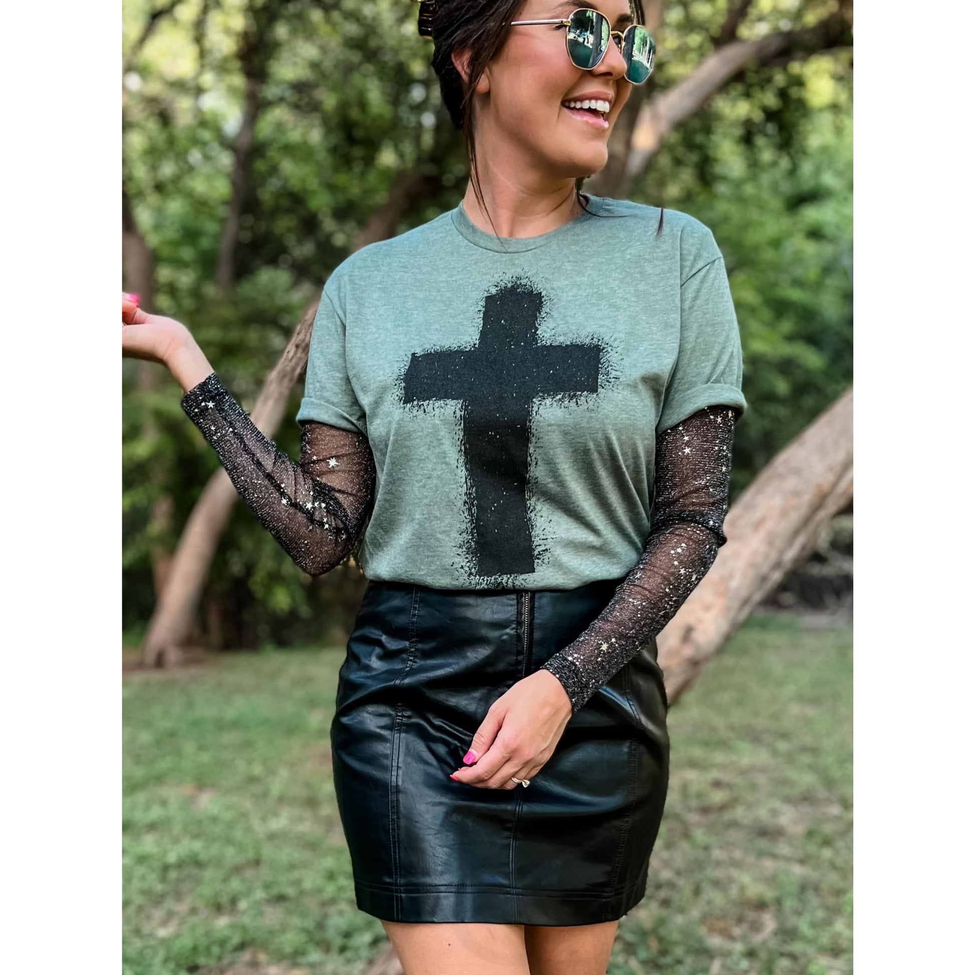Distressed Cross Heather Olive Tee