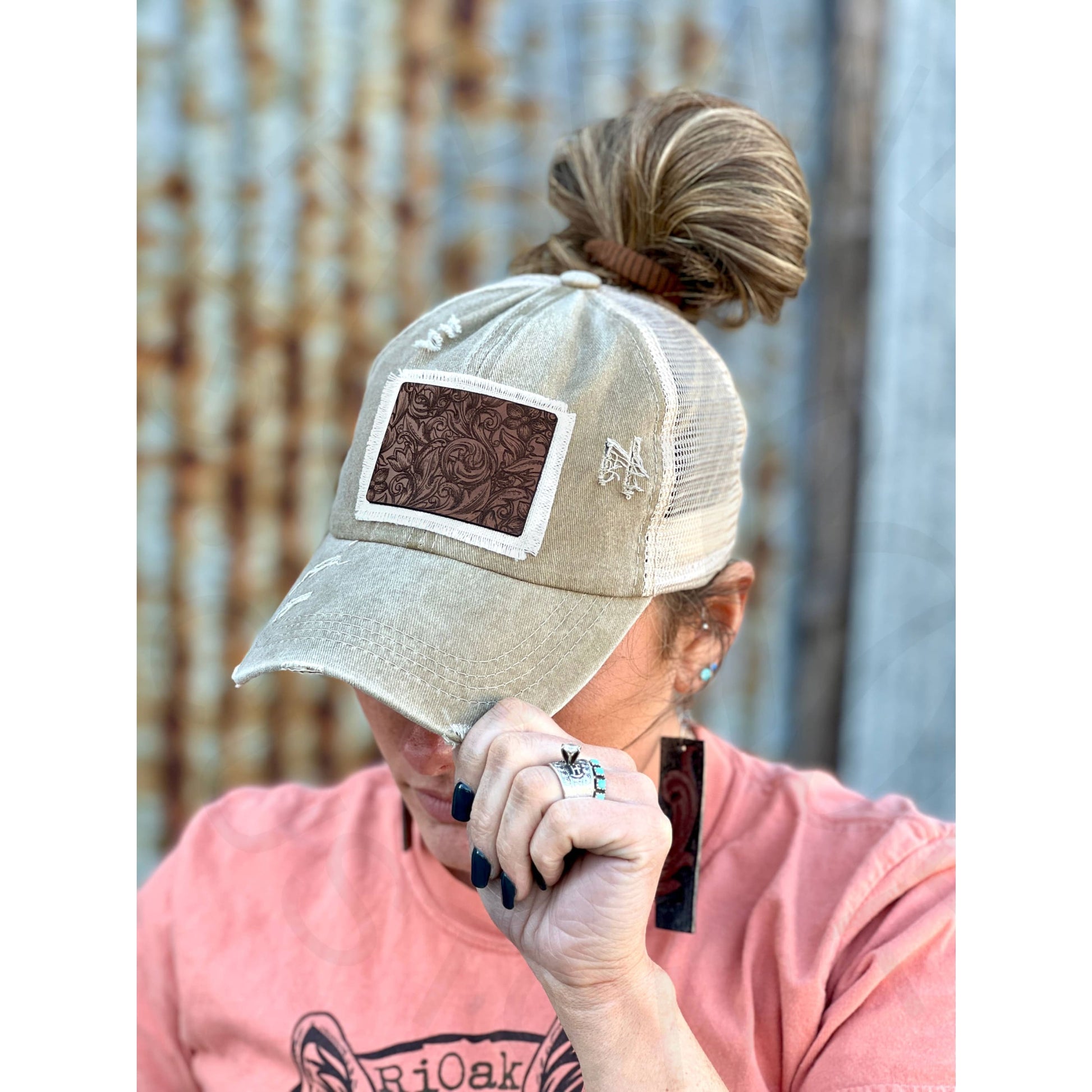 Tooled Leather Khaki Baseball Cap