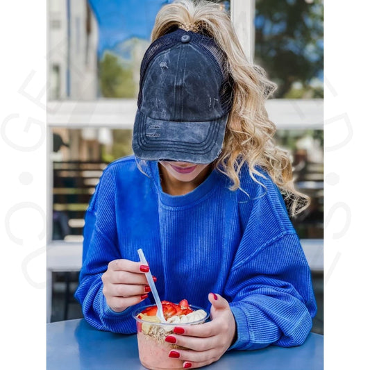 Washed Denim Criss Cross High Pony CC Ball Cap - Headwear