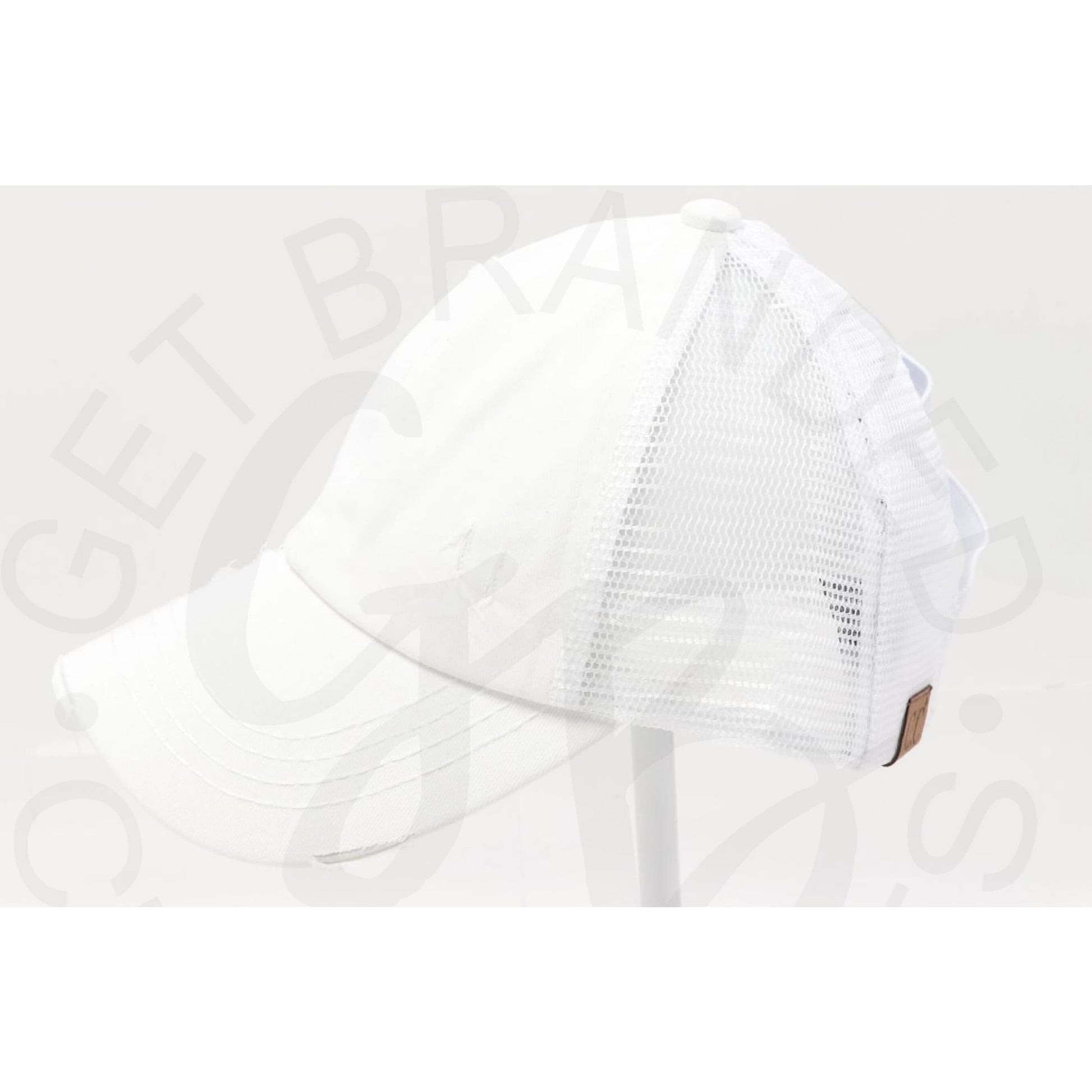 Washed Denim Criss Cross High Pony CC Ball Cap - White/White